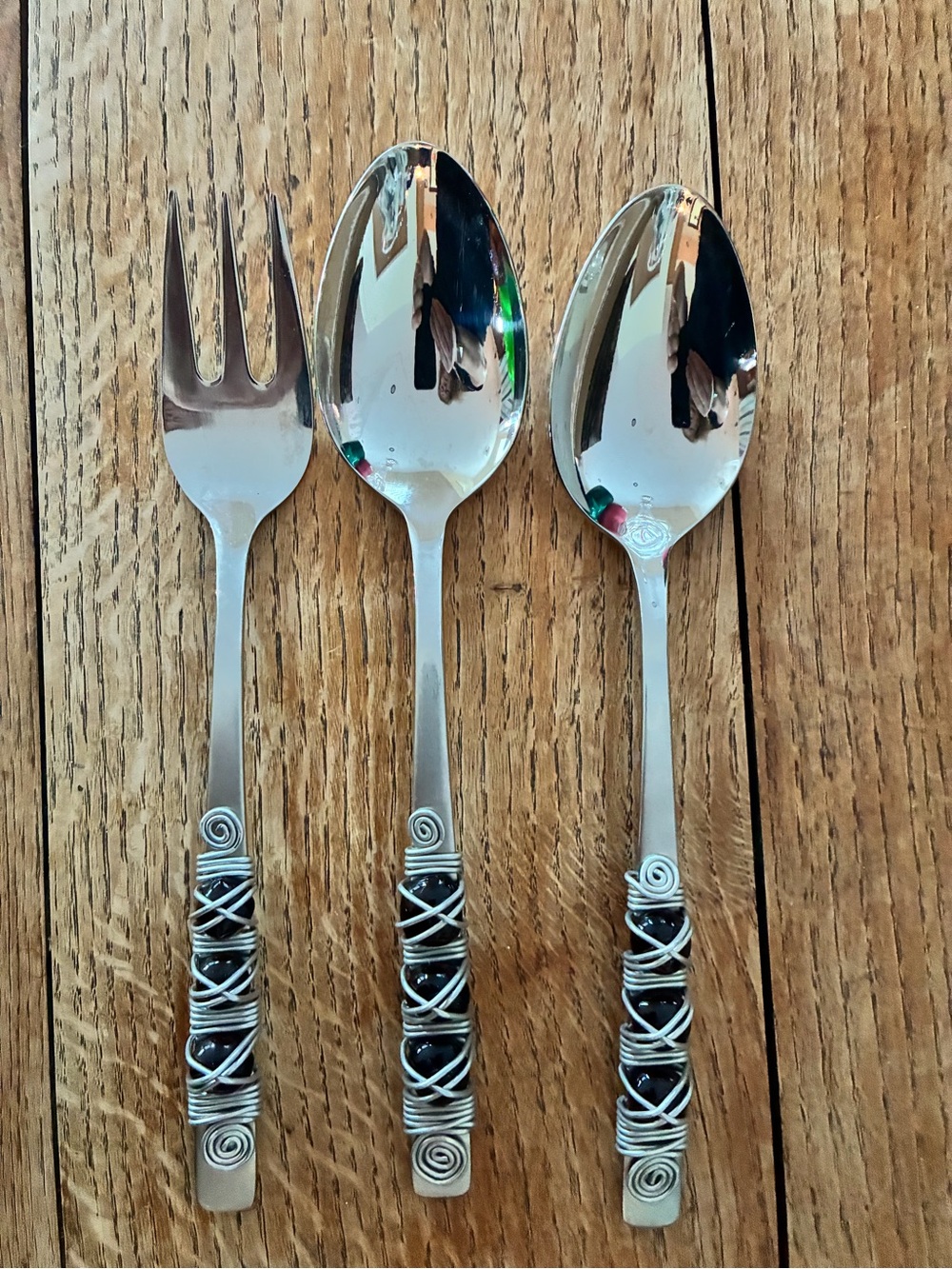 Stainless Steel Decorative Handle Serving  Fork and 2 Spoons - Amber & Silver